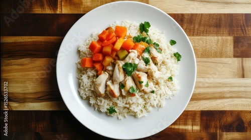Freshly cooked chicken and vegetable stew served over fluffy white rice on a white plate with a wooden table background perfect for healthy meal concept and home cooking photo