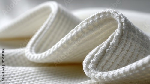 Closeup of soft creamcolored fabric with textured weave, gentle folds, and subtle sheen, ideal for textiles and fashion backgrounds photo