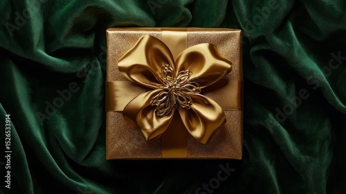 Elegant Gold Wrapped Gift Box with Large Satin Bow on Green Velvet Fabric Background Perfect for Celebrations and Holiday Presents