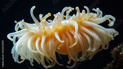 Extremely close-up view of a creamy white sea anemone with long, twisting tentacles floating in dark deep ocean water showcasing detailed textures and organic forms