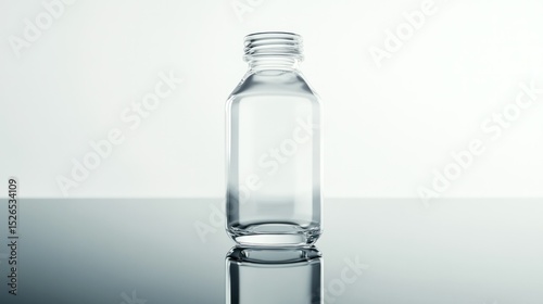 Clear glass medicine or supplement bottle with a metal screw cap on a white reflective surface isolated with soft lighting