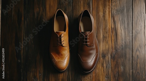Classic brown leather dress shoes with laces and polished finish placed on a dark wooden floor, formal footware for business and professional attire