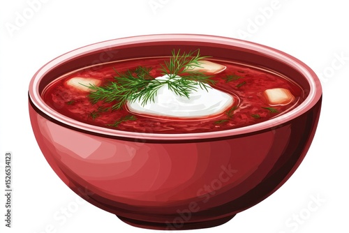 Delicious traditional cold beetroot soup in a red bowl garnished with fresh dill and sour cream, refreshing summer appetizer or healthy vegetarian beverage