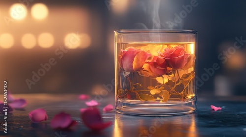 Elegant glass of herbal flower tea with rose petals in warm ambient lighting, fragrant blooming herbal infusion served in clear glass tumbler, cozy evening mood