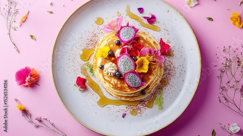 Delicious layered pancake stack topped with fresh dragon fruit, edible flowers, syrup, and vibrant garnishes on a white plate with pink background