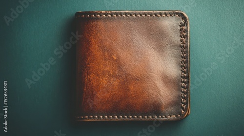 Close-up of a brown leather wallet with detailed stitching on a textured teal background, showcasing a stylish and classic accessory for holding cash and cards