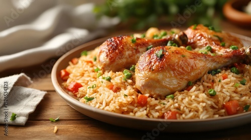 Delicious roasted chicken drumsticks served over flavorful seasoned rice with vegetables on a rustic wooden table for a hearty home-cooked meal experience