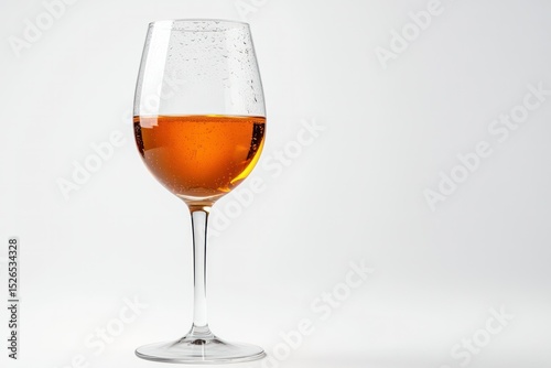 Elegant clear wine glass filled with amber-colored beverage on plain white background, showcasing fine stemware and drink presentation for hospitality or celebration