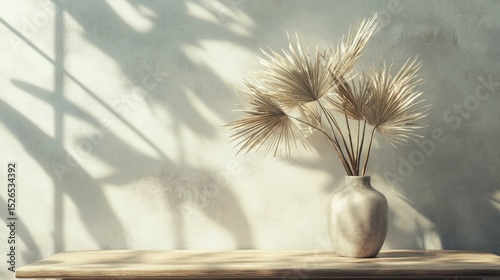 Stylish minimalist interior decor with a neutral ceramic vase holding dried pampas grass on a wooden surface under natural sunlight with shadow play in modern room