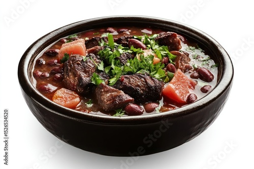 Hearty Beef Stew in a Black Bowl with Fresh Cilantro and Vegetables, Thick Rich Broth, Tender Meat, Kidney Beans, Carrots, and Peppers, Classic Comfort Food