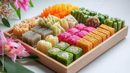 Assorted Traditional Japanese Wagashi Sweets Placed in a Wooden Tray with Fresh Flowers for Cultural Celebration and Elegant Dessert Display