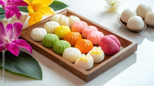 Assorted traditional Japanese Wagashi sweets with colorful mochi confections and flower decorations on wooden tray for cultural celebration and dessert display