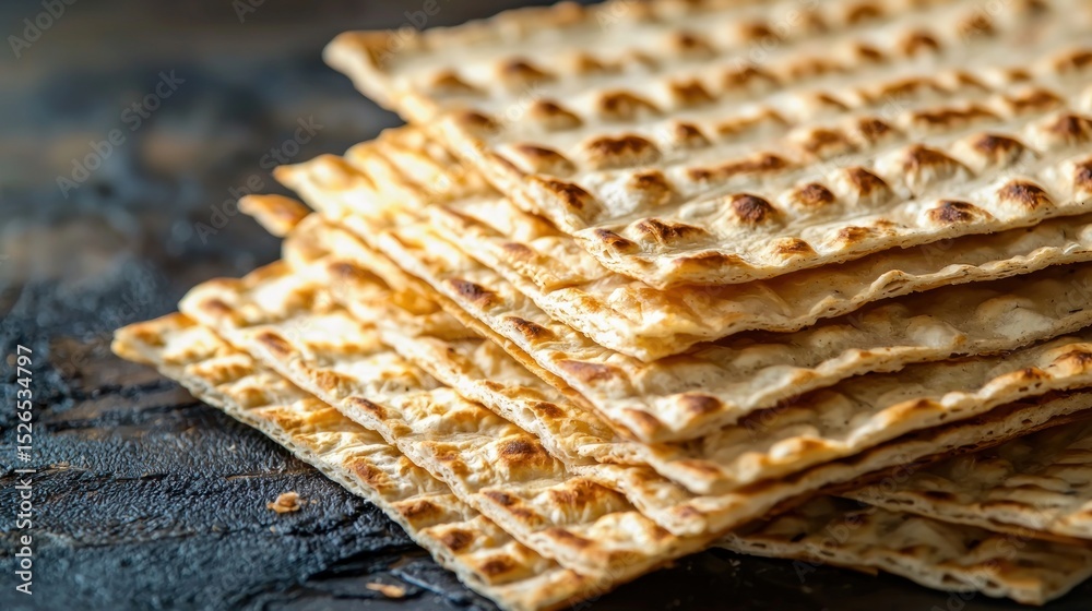 Fototapeta premium A stack of matzo crackers on a rustic wooden table.