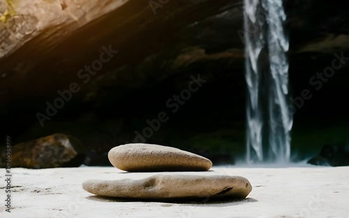 Nature backround for product placement, 3D waterfall landscape mockup backdrop for product and cosmetic presentation, backdrop photo for package or packaging box container