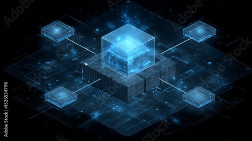 futuristic in-memory database system, clearly structured with one central primary node and exactly two symmetrical backup nodes, primary node large, luminous, elevated, glowing blue core, two smaller 