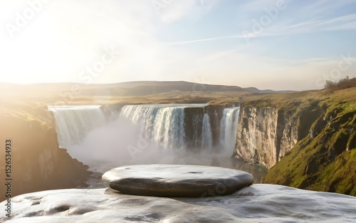 Nature backround for product placement, 3D waterfall landscape mockup backdrop for product and cosmetic presentation, backdrop photo for package or packaging box container