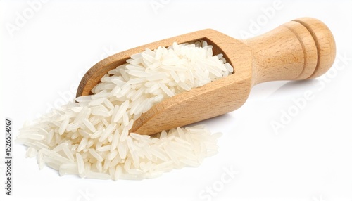 Long, slender basmati rice grains in a wooden scoop isolated on white