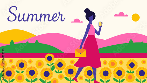Summer Stroll Graphic Illustration Woman Walking in Sunflower Field Sunny Skies Happy Vibes Seasonal Art
