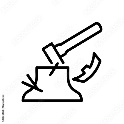 Icon of hammer striking wood stump with a chip flying off  