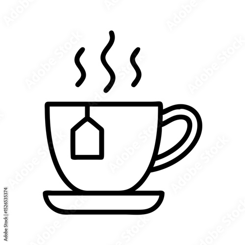 Simple line drawing of a tea cup with steam and tea bag  