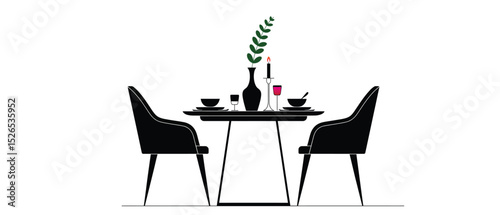 Elegant Dining Table Silhouette, Romantic Dinner Vector Illustration. silhouette of a chair with a table