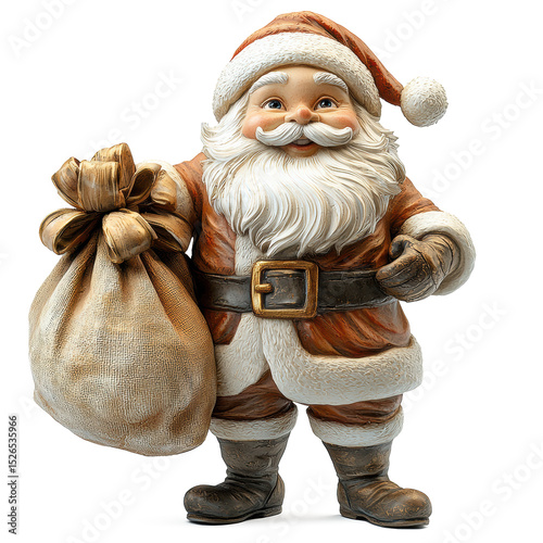 A detailed Santa Claus figurine holding a gift sack, friendly expression, soft textures, isolated on white. ultra realistic photography, soft shadows, high detail