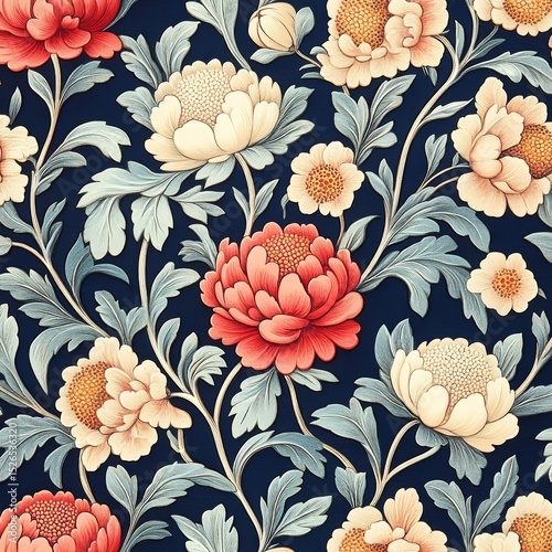Elegant Floral Pattern Vintage Peonies and Blue Background Seamless Design