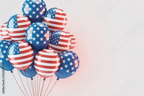 Cluster of Shiny American Flag-Themed Balloons on White Background with Copy Space – Festive Patriotic Digital Rendering