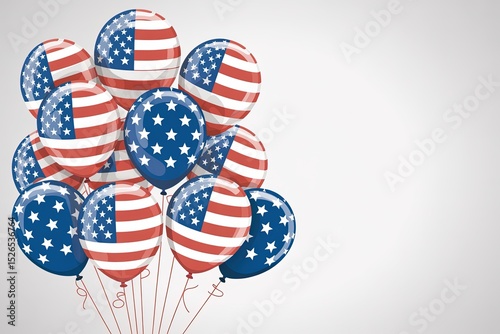 Cluster of Shiny American Flag-Themed Balloons on White Background with Copy Space – Festive Patriotic Digital Rendering
