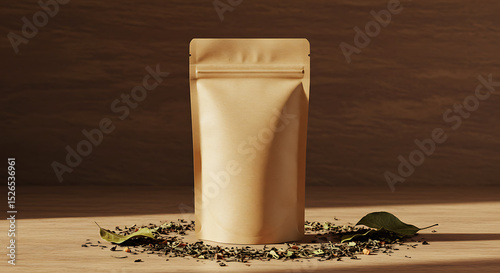 Package on the Table: A simple, elegant package stands on a rustic wooden table. Scattered tea leaves and a single leaf add a touch of natural freshness and visual appeal.