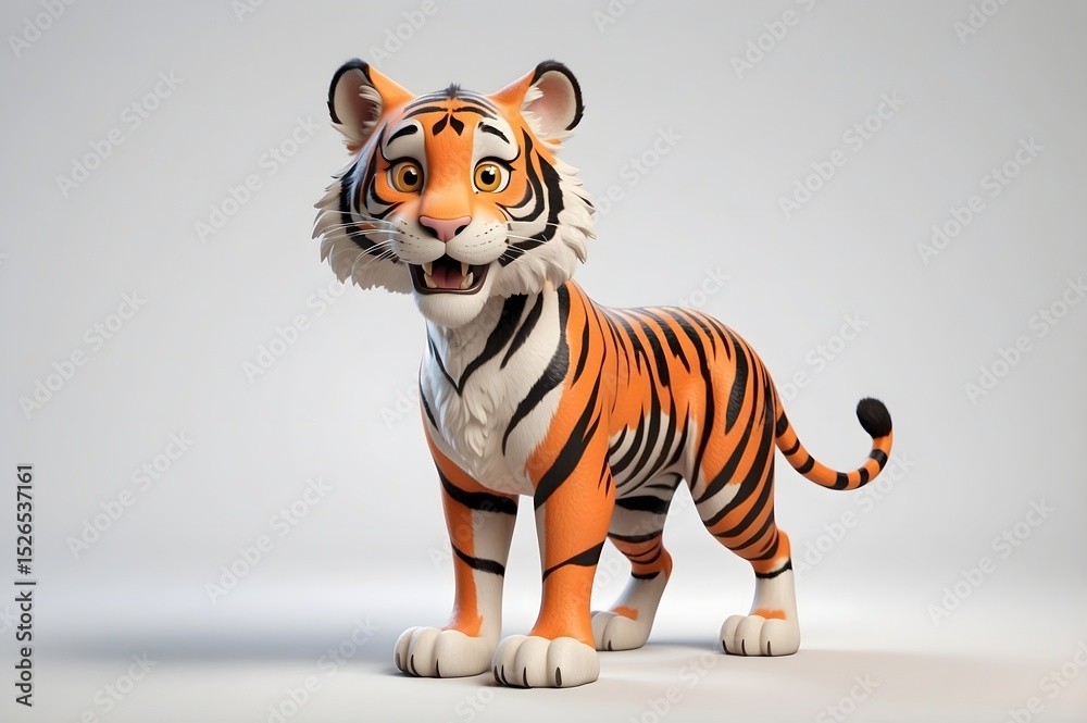 Naklejka premium Cartoon tiger stands, smiling, orange and black stripes