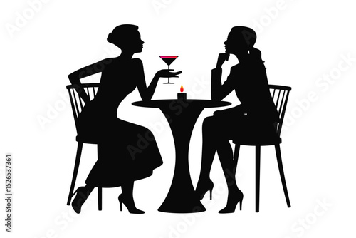 Silhouette of women drinking at a table, silhouette of a woman with a glass of wine