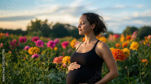 Pregnant woman practicing yoga in a colorful flower field, enjoying the fresh air and the warm sunset light, embracing a healthy and mindful lifestyle during pregnancy