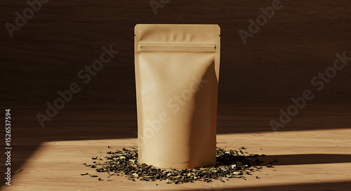 Tea packaging: A minimalist studio shot displays a clean, eco-friendly tea bag package against a backdrop that draws attention to the product's simplicity and quality.