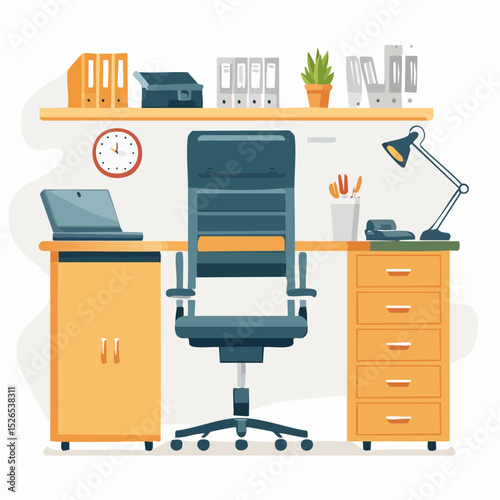 Illustration of a well-organized office space with a desk, chair, laptop, and various office supplies on shelves.