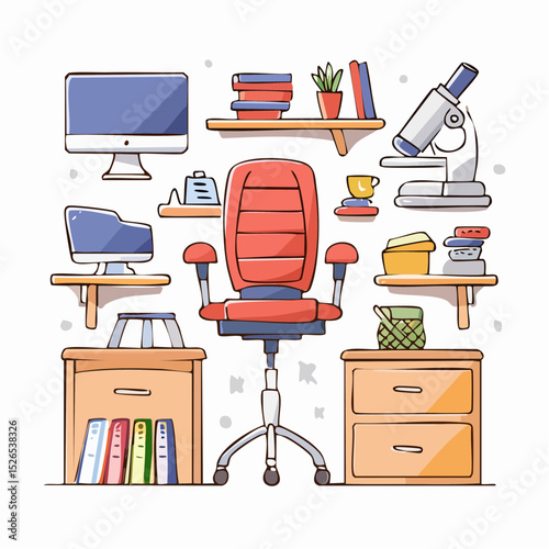 Organized workspace with red office chair, computer, shelves, and scientific equipment.
