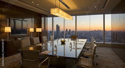 Executive boardroom meeting during a city sunset