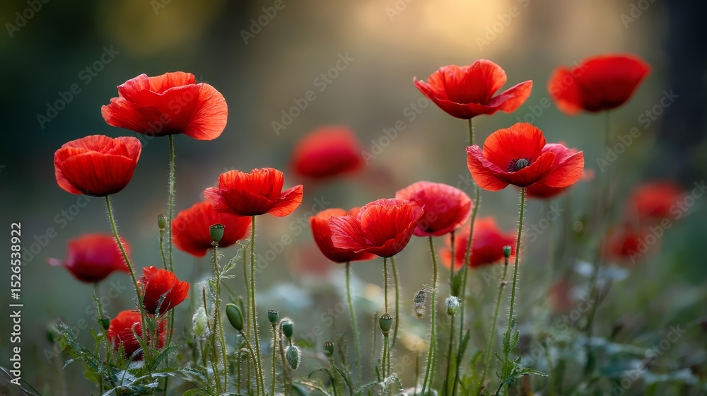 Fototapeta premium Romantic cluster of vibrant red poppies swaying in warm evening breeze with golden sunlight casting long shadows against soft green foliage and a natural background, copy space on right
