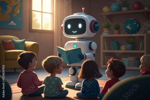 AI robot reading a story to children under soft ambient lighting A friendly robot reads a story to children in a cozy room.