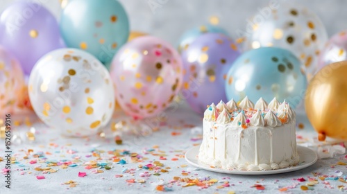 Bright birthday celebration featuring colorful balloons, confetti, and a festive cake with soft background lighting photo