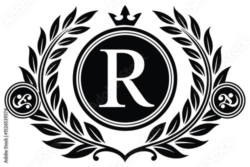 Elegant Monogram Design Royal 'R' Initial with Laurel Wreath and Crown