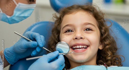 Smiling girl at dentist with dental mirror and blue gloves during checkup
