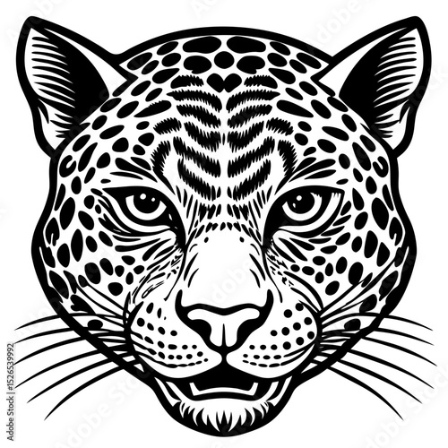 Monochrome drawing of a leopard's head, emphasizing its powerful gaze and intricate facial details.