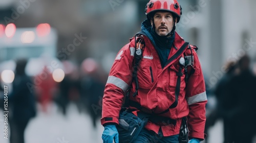 Determined paramedic in full gear urgently responding to an emergency on a busy urban street with a blurred background, showcasing heroism and readiness