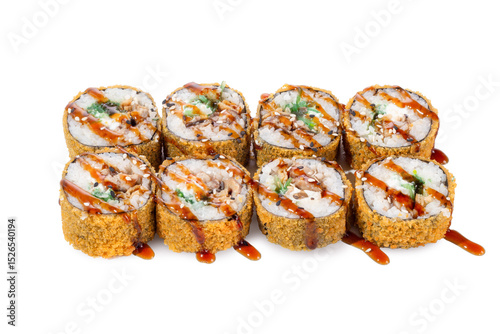 Eight deep-fried sushi rolls filled with fresh greens and vegetables, topped with sesame seeds and sweet teriyaki sauce. Japanese-style fusion appetizer isolated on white background