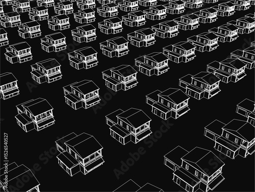 A row of houses are shown in black and white. The houses are all the same size and shape, and they are all lined up next to each other. The image gives the impression of a very organized