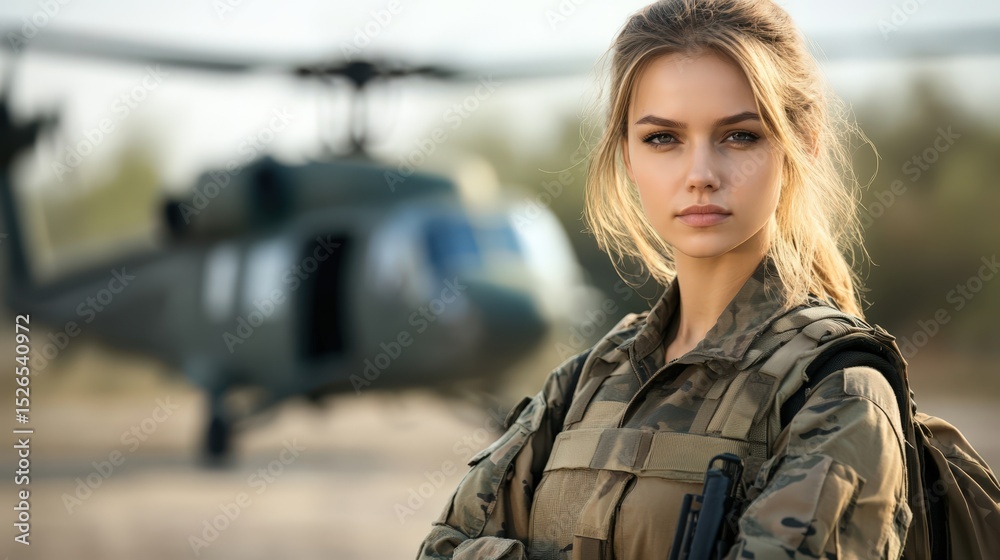 Fototapeta premium Soldier Portrait near Helicopter. Young Woman in Military Camouflage Uniform. Army, Defense, Patriotic Look
