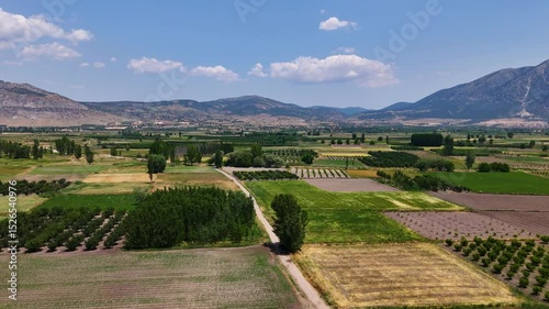 Aerial view of cultivated fields, trees and a mountain under a blue sky with clouds in Civril
