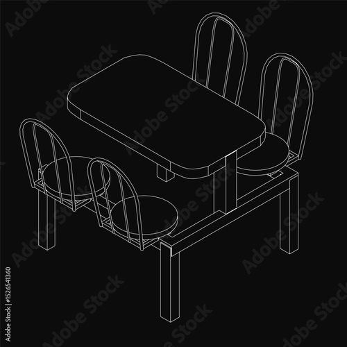 A black and white drawing of a table with four chairs around it. The table is rectangular and has a black top. The chairs are arranged around the table, with one on each side and one in the back