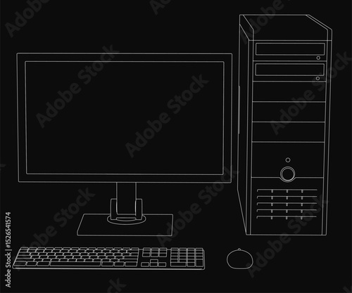 A computer monitor and keyboard are shown on a black background. The computer monitor is turned off, and the keyboard is not in use. Concept of technology and productivity